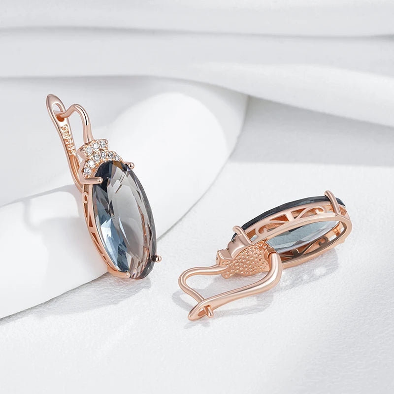 Grey Oval Drop Dangle Earrings for Women 585 Rose Gold Color with Natural Zircon High Quality Daily Fine Jewelry