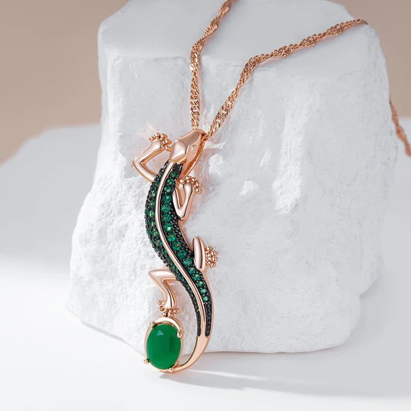 Hot Green Natural Zircon Lizard Pendant Necklace Women 585 Rose Gold and Black Plating Vintage Animal Daily Punk Jewelry