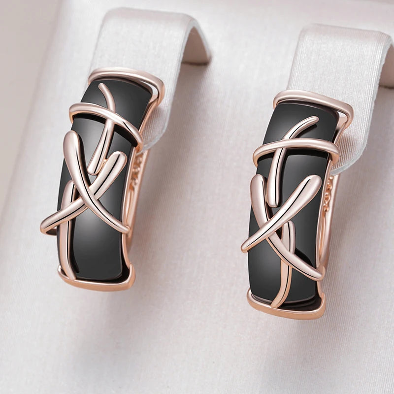 Hot 585 Rose Gold Color Black Ceramics Dangle Earrings for Women Branches Accessories High Quality Daily Fine Jewelry
