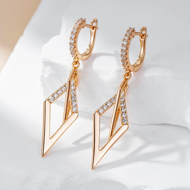 Fashion Glossy Hollow Rhombus Drop Earring for Women Unusual Natural Zircon 585 Rose Gold Color Daily Fine Ethnic Jewelry