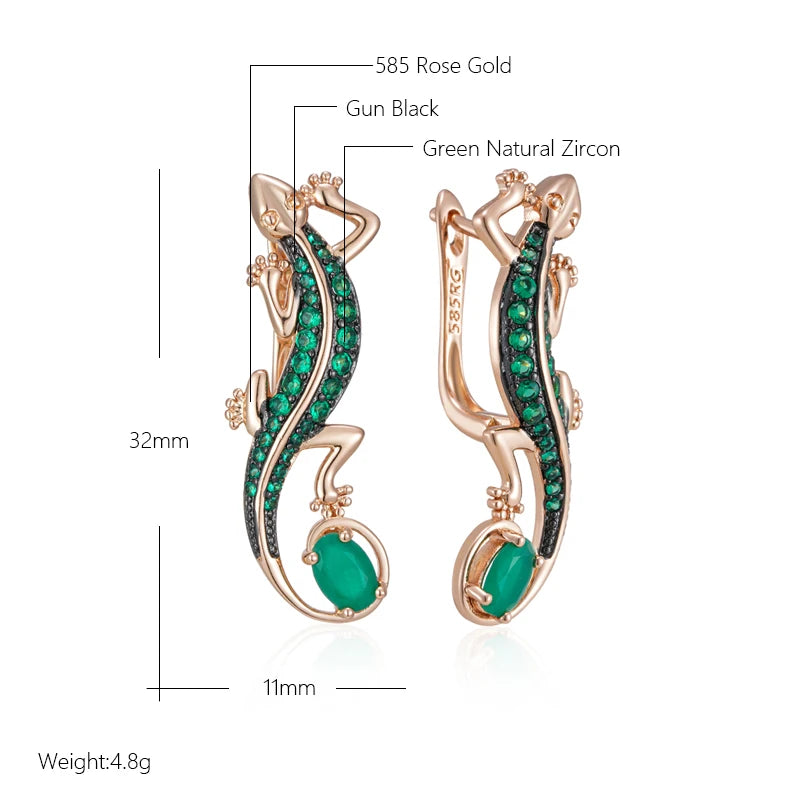 Green Natural Zircon Lizard Drop Earrings for Women 585 Rose Gold and Black Plating Vintage Animal Daily Punk Jewelry