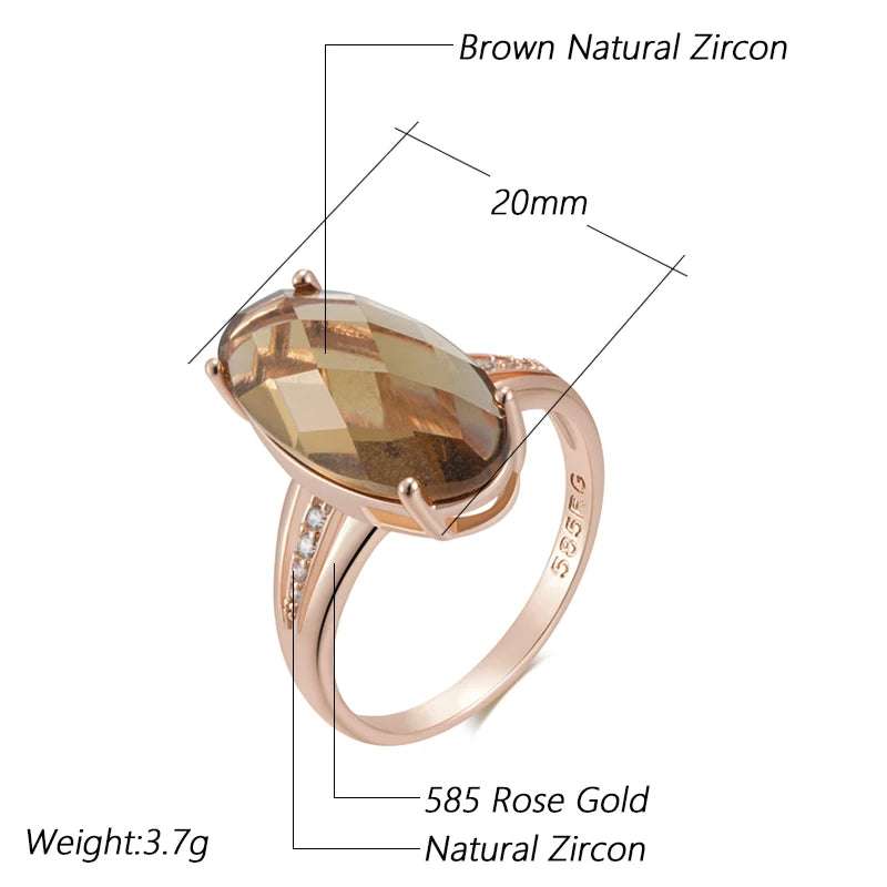 Fashion Big Oval Light Brown Natural Zircon Ring for Women Simple 585 Rose Gold Color High Quality Bride Wedding Jewelry
