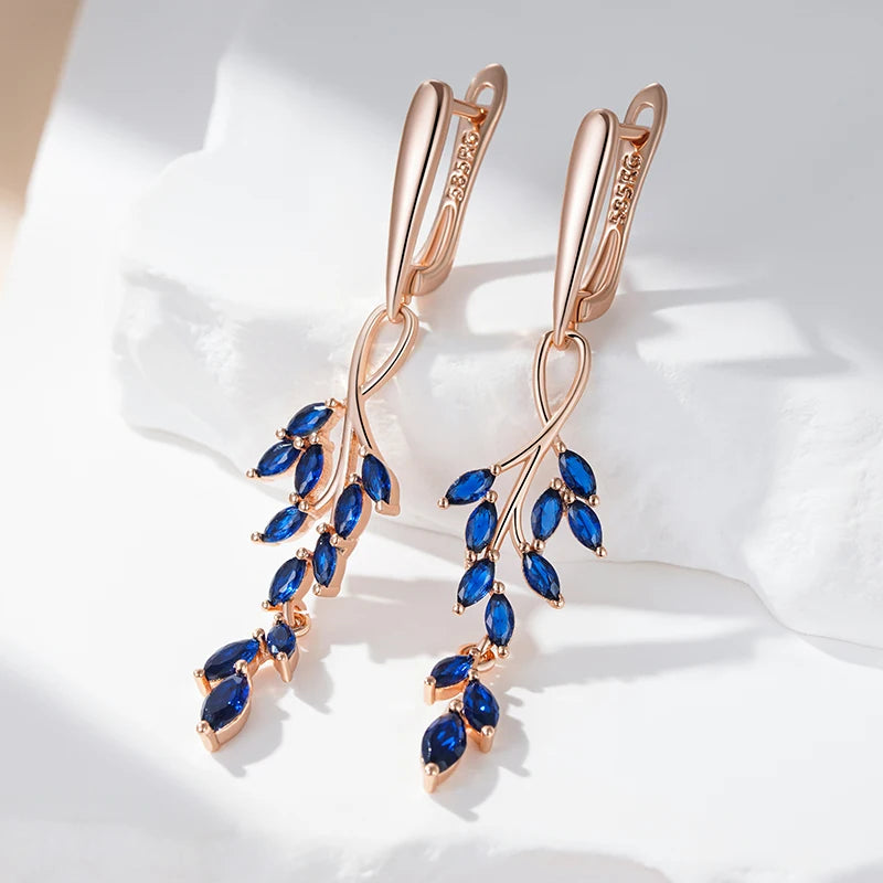 Blue Natural Zircon Leaf Shape Long Dangle Earrings for Women Fashion 585 Rose Gold Color High Quality Daily Jewelry