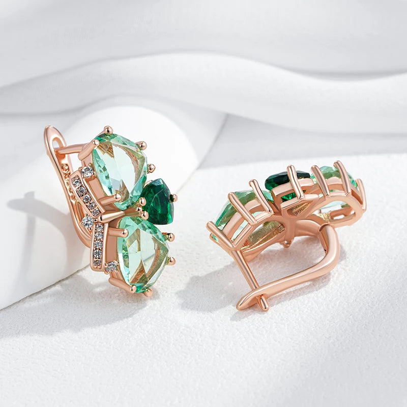 Green Stone Drop Earrings for Women Fashion Rhombus Natural Zircon Accessories 585 Rose Gold Vintage Daily Jewelry