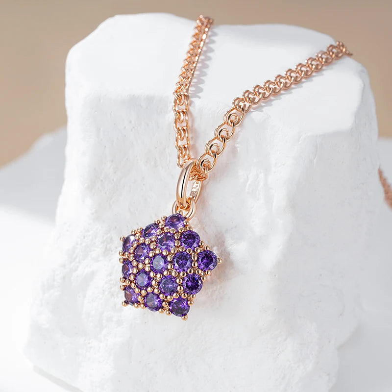 Hot Shiny Purple Natural Zircon Pendant Necklace for Women Trend 585 Rose Gold Color Wedding Fine Jewelry Crystal Gift