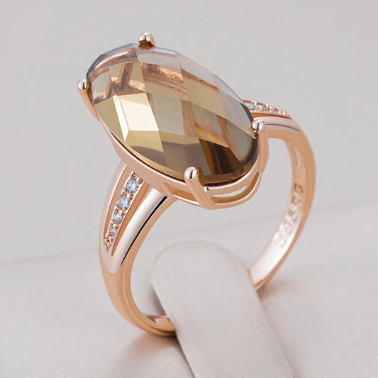 Fashion Big Oval Light Brown Natural Zircon Ring for Women Simple 585 Rose Gold Color High Quality Bride Wedding Jewelry