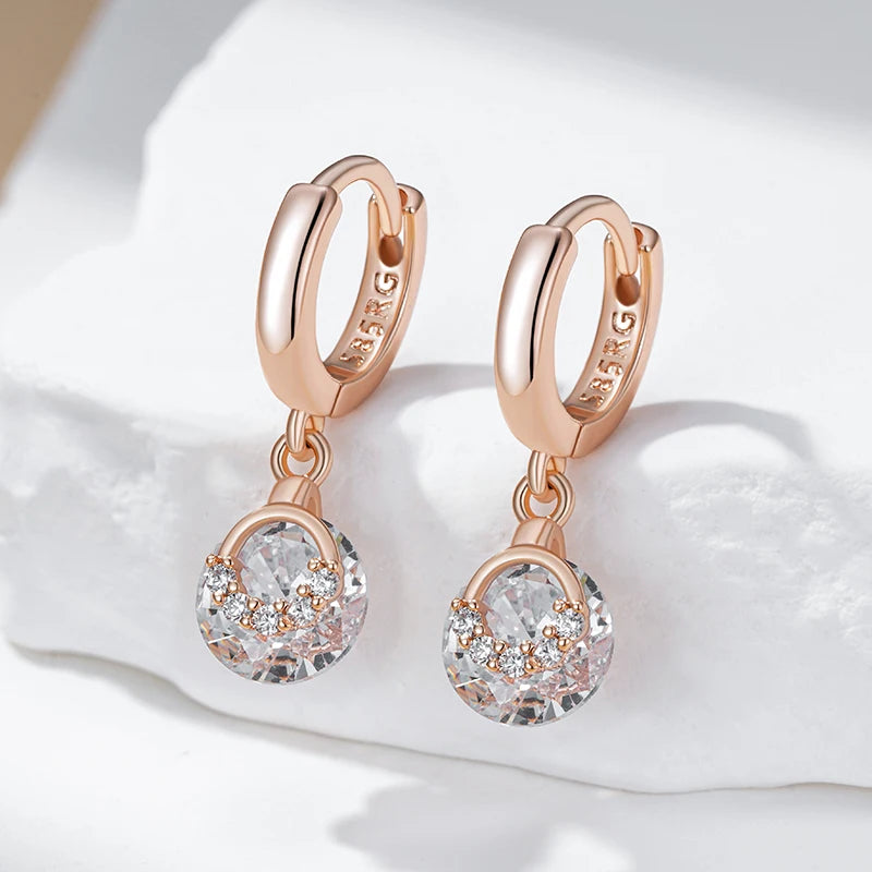 Hot 585 Rose Gold Color Drop Earrings for Women Fashion White Natural Zircon Accessories Daily Fine Jewelry Crystal Gift