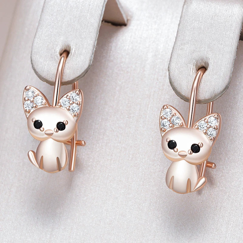 Little Cat Earrings for Girls 585 Rose Gold Color Natural Zircon Accessories Children Baby Xmas Gifts Animal Jewelry