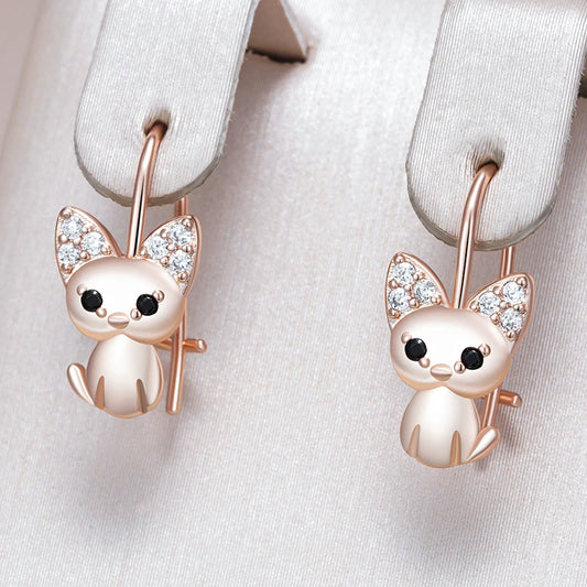Little Cat Earrings for Girls 585 Rose Gold Color Natural Zircon Accessories Children Baby Xmas Gifts Animal Jewelry