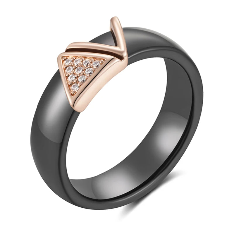 Hot 585 Rose Gold Color Black Ceramics Rings for Women Shiny Natural Zircon Accessories High Quality Daily Fine Jewelry