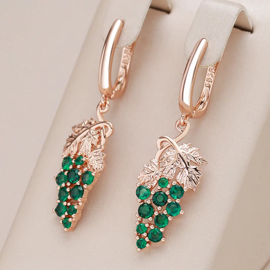 Shiny Green Natural Zircon Long Grape Drop Earring for Women 585 Rose Gold Color Unique Crystal Vintage Jewelry