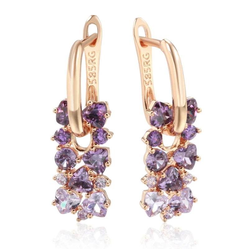 Hot Shiny Purple Natural Zircon Drop Earrings for Women Trend 585 Rose Gold Color Bride Wedding Fine Jewelry Crystal Gift