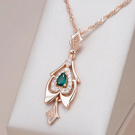 Hot 585 Rose Gold Color Pendant Necklace for Women Crystal Flower Green Natural Zircon Accessories Daily Vintage Jewelry