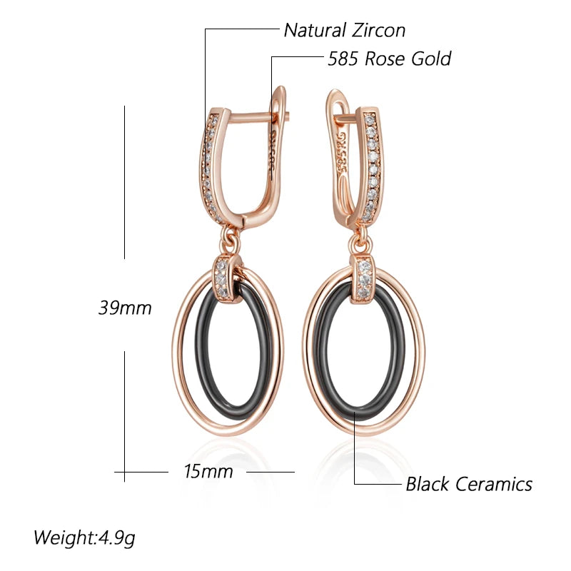 Black Oval Ceramics Long Drop Earrings for Women 585 Rose Gold Color Natural Zircon Accessories Daily Fine Jewelry