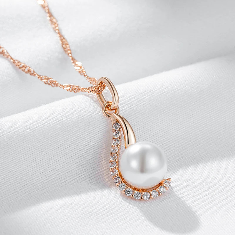 Luxury 585 Rose Gold Color Pendant Necklace for Women Unique Geometric Pearl Pendant Bride Daily Fine Jewelry 2024 New