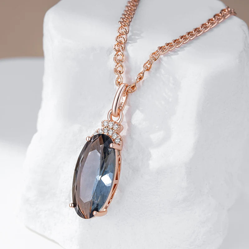 Hot Grey Big Oval Pendant Necklace for Women Trend 585 Rose Gold Color with Natural Zircon High Quality Daily Fine Jewelry