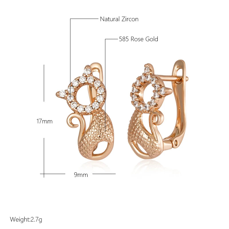 Luxury Cute Cat Earrings for Girls 585 Rose Gold Color Natural Zircon Accessories Children Baby Xmas Gifts Animal Jewelry