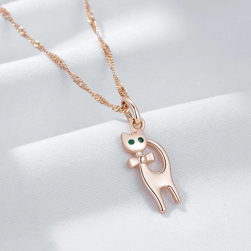 Cute Cat Pendant Necklace for Girls 585 Rose Gold Color Natural Zircon Accessories Children Xmas Gifts Animal Jewelry