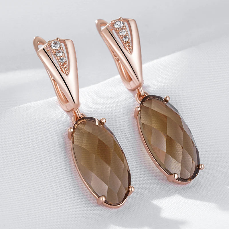 Fashion Big Oval Brown Natural Zircon Dangle Earrings for Women Simple 585 Rose Gold Color Bride Wedding Fine Jewelry