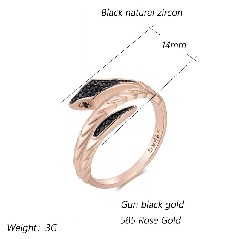 Hot Punk Black Natural Zircon Snake Ring for Women Fine 585 Rose Gold and Black Plating Vintage Daily Animal Jewelry