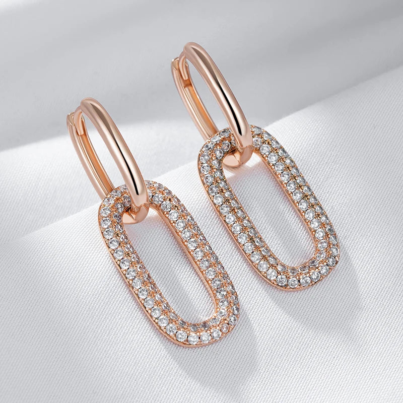 Geometric Oval Rectangle Full Natural Zircon Hoop Earrings for Women 585 Rose Gold Color Daily Fine Elegant Female Jewelry