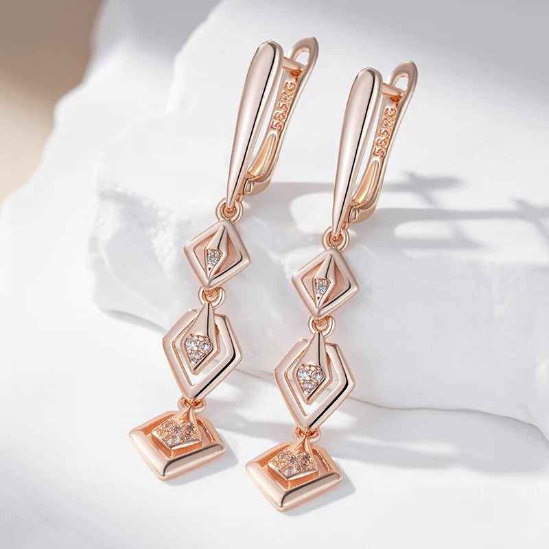 Hollow Geometry Drop Earring for Women 585 Rose Gold Color Shiny Natural Zircon Daily Fine Ethnic Jewelry