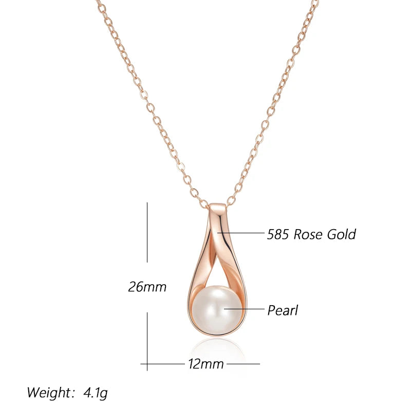 Luxury 585 Rose Gold Pendant Necklace for Women Unique Geometric Hollow Pearl Bridal Wedding Jewelry Daily Wear Gift