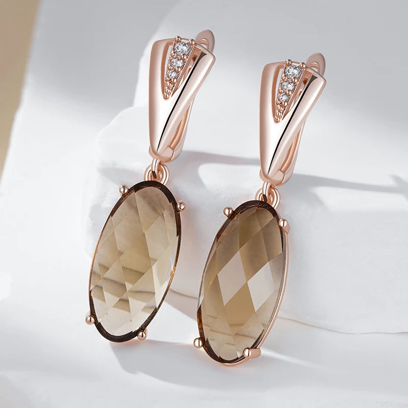 Fashion Big Oval Brown Natural Zircon Dangle Earrings for Women Simple 585 Rose Gold Color Bride Wedding Fine Jewelry