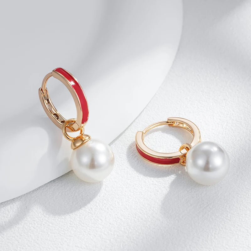 Hot Red Enamel Drop Earrings for Women Unique Geometric 585 Rose Gold Color Pearl Accessories Daily Fine Jewelry Gift