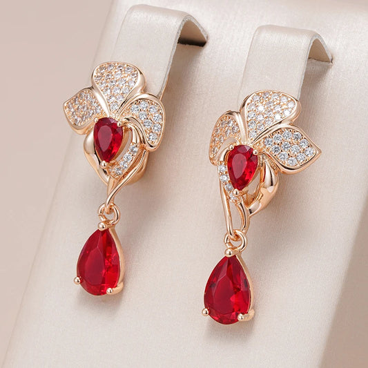 Luxury Red Natural Zircon Flower Long Dangle Earrings for Women 585 Rose Gold Color Vintage Flower Wedding Fine Jewelry