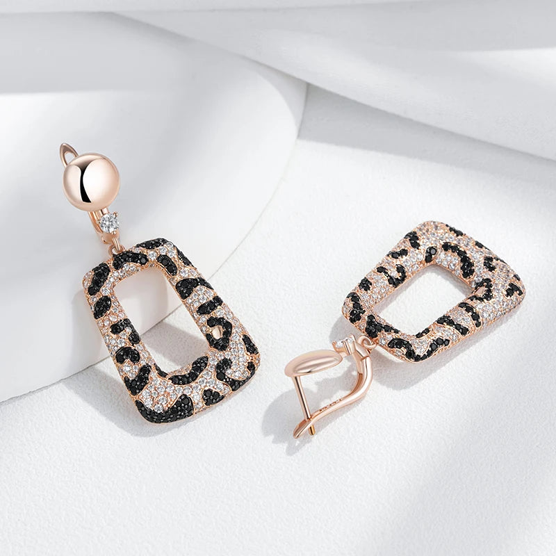 Shiny Natural Zircon Leopard Print Drop Earrings for Women Unique 585 Rose Gold and Black Plating Vintage Daily Jewelry