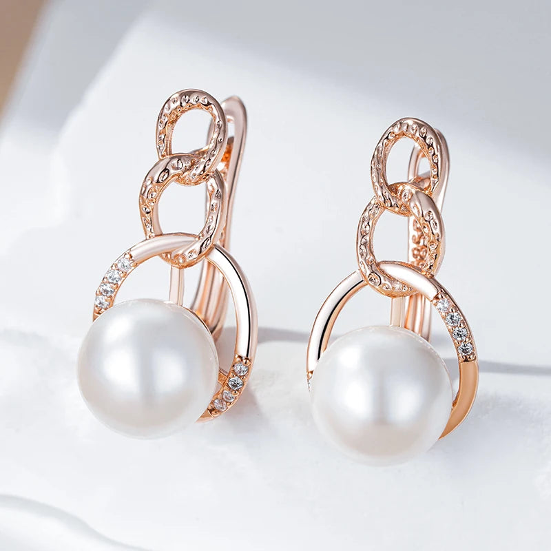  Pearl English Earrings for Women Luxury 585 Rose Gold Color with Natural Zircon Bridal Wedding Jewelry