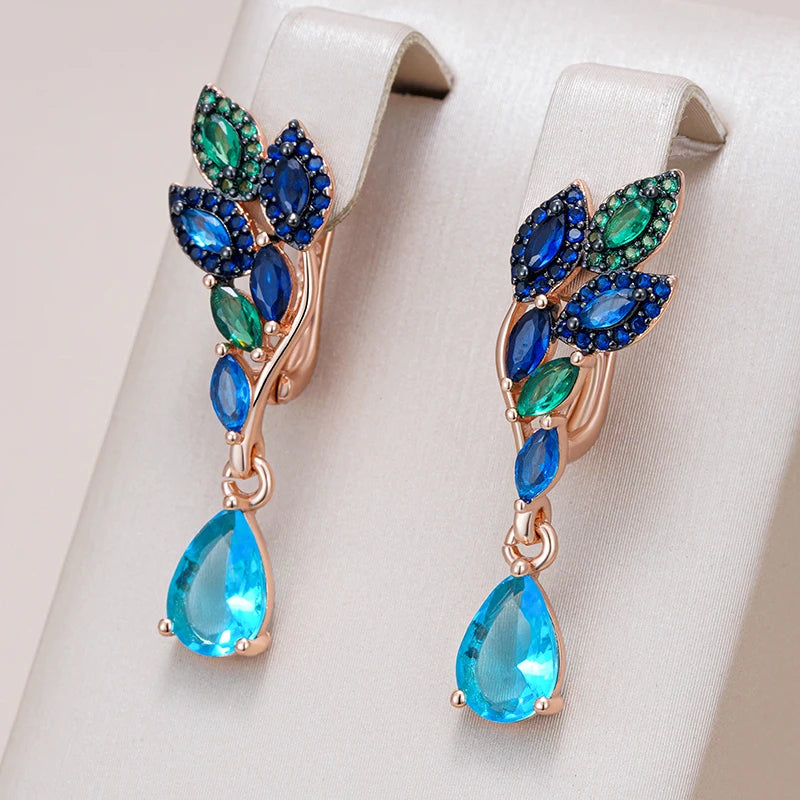 Hot Green Blue Natural Zircon Drop Earrings for Women 585 Rose Gold and Black Plating Crystal Leaf Daily Fine Jewelry