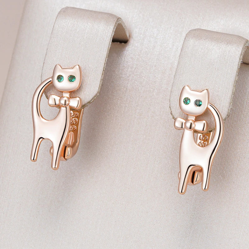 Kitty Cat Earrings for Girls 585 Rose Gold Color Natural Zircon Accessories Children Baby Xmas Gifts Animal Jewelry