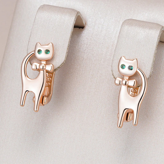 Kitty Cat Earrings for Girls 585 Rose Gold Color Natural Zircon Accessories Children Baby Xmas Gifts Animal Jewelry