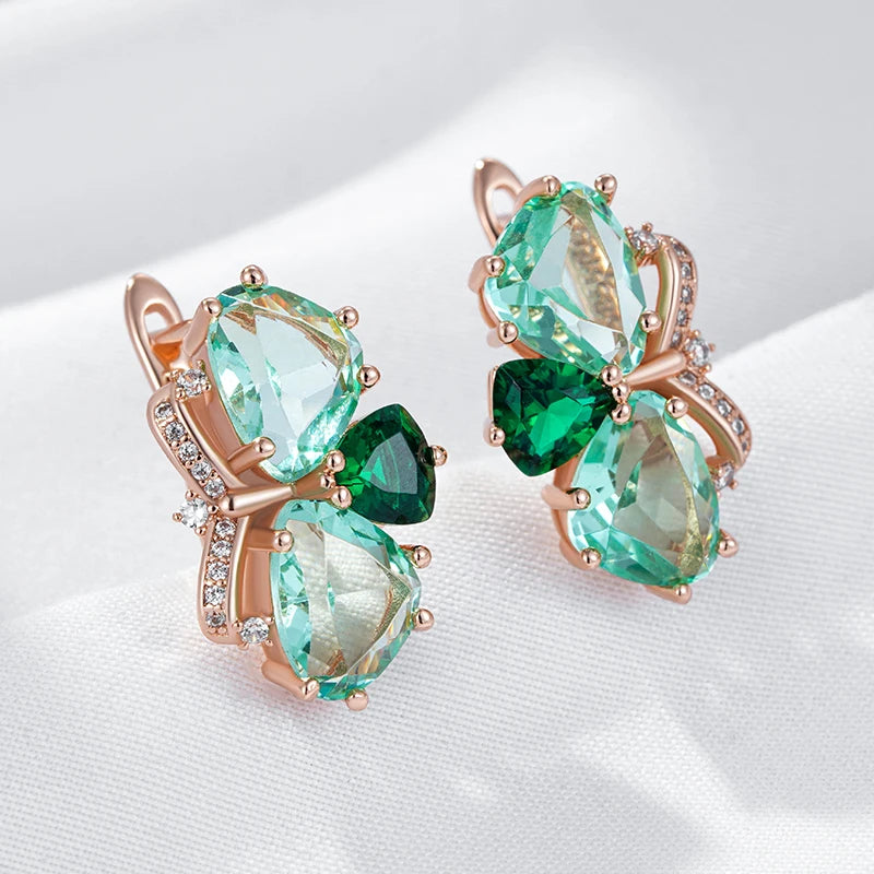 Green Stone Drop Earrings for Women Fashion Rhombus Natural Zircon Accessories 585 Rose Gold Vintage Daily Jewelry