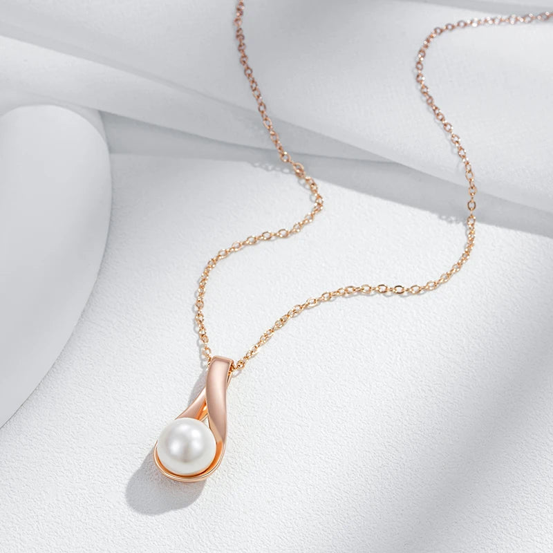 Luxury 585 Rose Gold Pendant Necklace for Women Unique Geometric Hollow Pearl Bridal Wedding Jewelry Daily Wear Gift