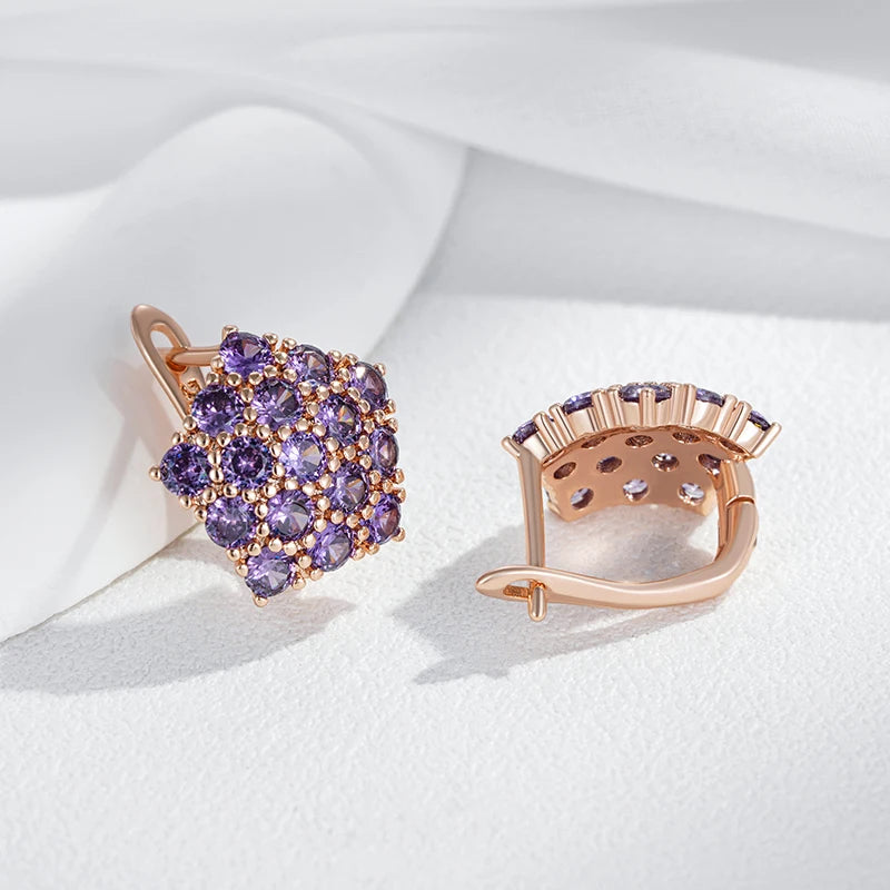 Hot Shiny Purple Natural Zircon Drop Earrings for Women Trend 585 Rose Gold Color Bride Wedding Fine Jewelry Crystal Gift