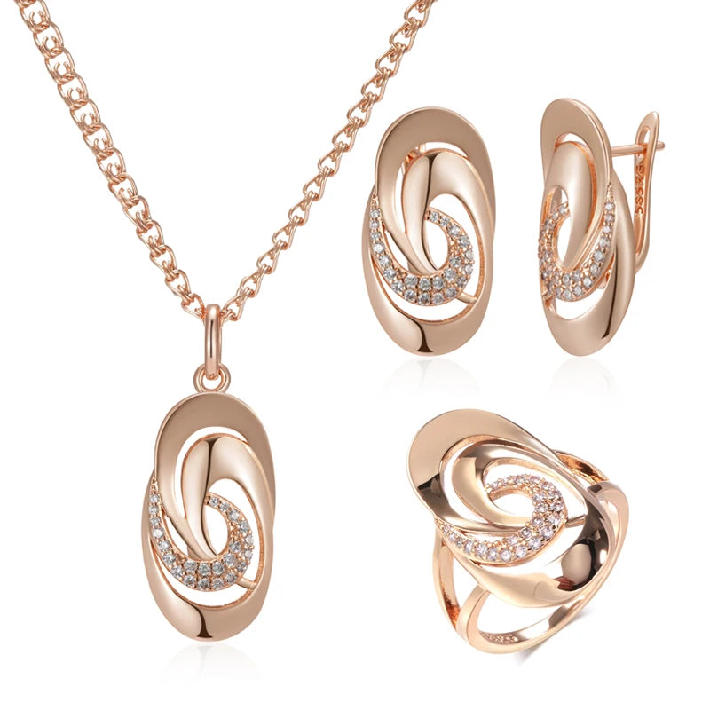 Daily Fine Jewelry Sets 585 Rose Gold Color Natural Zircon Big Ring Earrings Necklace for Women