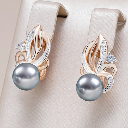 Hot Natural Zircon Flower Gray Pearl Drop Earrings for Women 585 Rose Gold Silver Color Mix Boho Ethnic Wedding Jewelry