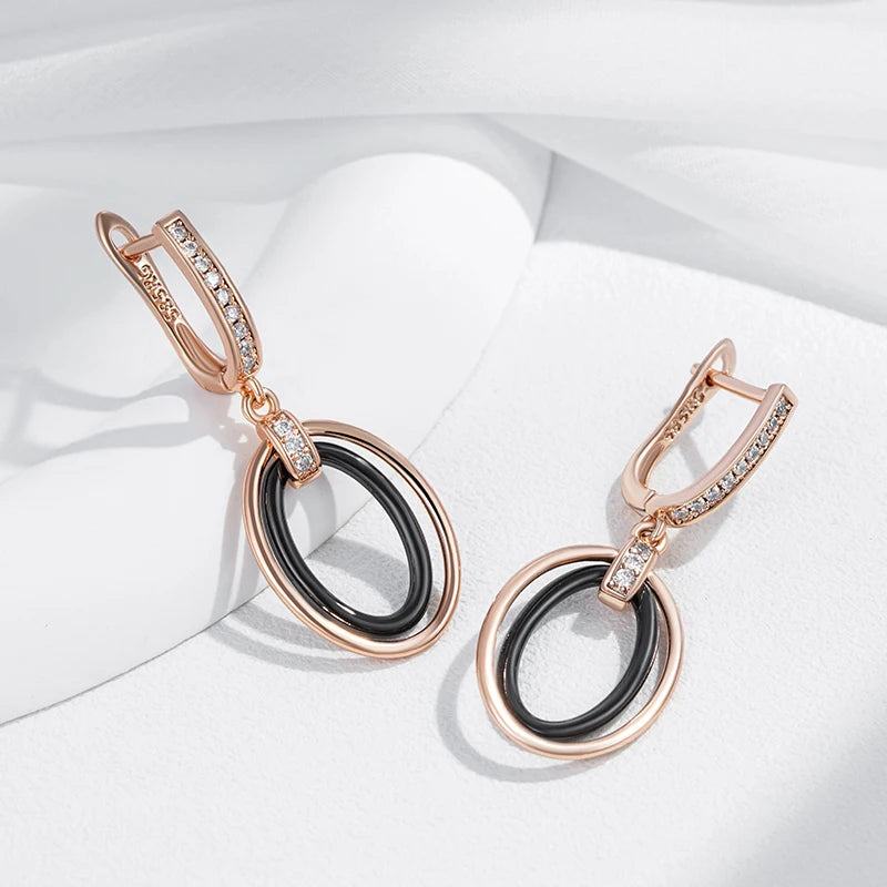 Black Oval Ceramics Long Drop Earrings for Women 585 Rose Gold Color Natural Zircon Accessories Daily Fine Jewelry