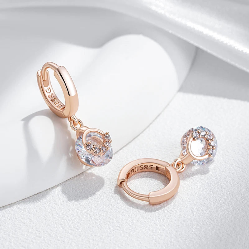 Hot 585 Rose Gold Color Drop Earrings for Women Fashion White Natural Zircon Accessories Daily Fine Jewelry Crystal Gift