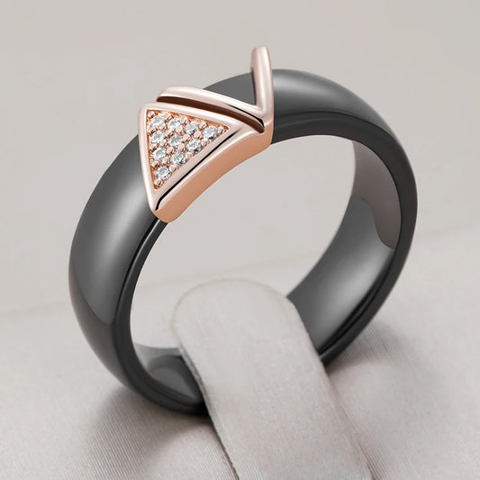 Hot 585 Rose Gold Color Black Ceramics Rings for Women Shiny Natural Zircon Accessories High Quality Daily Fine Jewelry