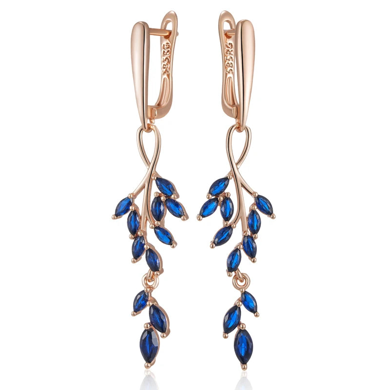 Blue Natural Zircon Leaf Shape Long Dangle Earrings for Women Fashion 585 Rose Gold Color High Quality Daily Jewelry