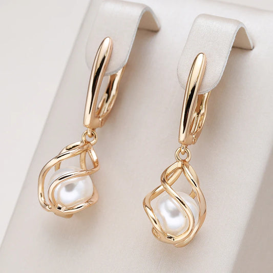 Luxury 585 Rose Gold Drop Earrings for Women Unique Geometric Hollow Pearl Bridal Earrings Wedding Jewelry 2022 New
