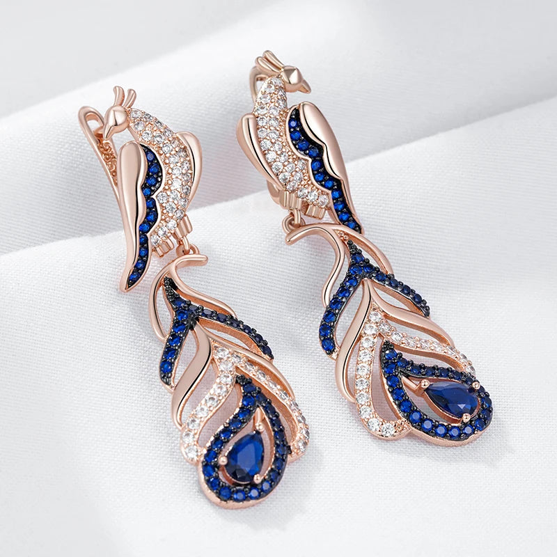 Hot Blue Natural Zircon Peacock Drop Earrings for Women 585 Rose Gold and Black Plating Vintage Animal Daily Punk Jewelry