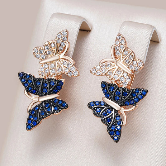 Hot Blue Natural Zircon Two Butterfly Drop Earrings for Women 585 Rose Gold and Black Plating Animal Daily Punk Jewelry