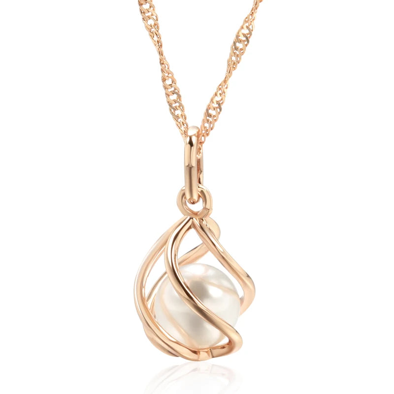 Luxury 585 Rose Gold Pendant Necklace for Women Unique Geometric Hollow Pearl Bridal Wedding Jewelry Daily Wear Gift