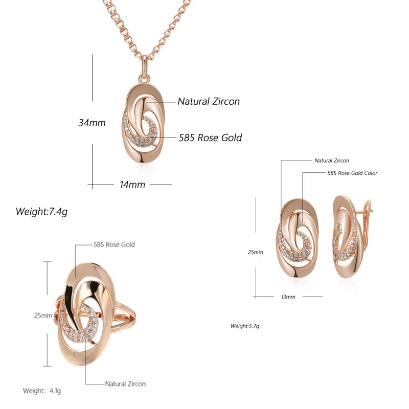Daily Fine Jewelry Sets 585 Rose Gold Color Natural Zircon Big Ring Earrings Necklace for Women