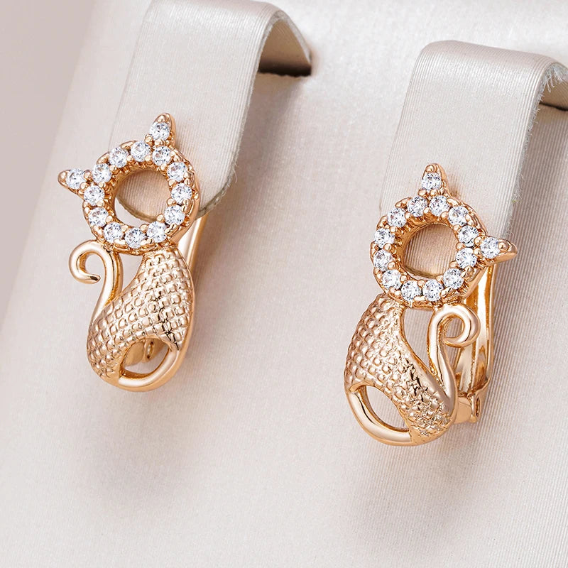 Luxury Cute Cat Earrings for Girls 585 Rose Gold Color Natural Zircon Accessories Children Baby Xmas Gifts Animal Jewelry